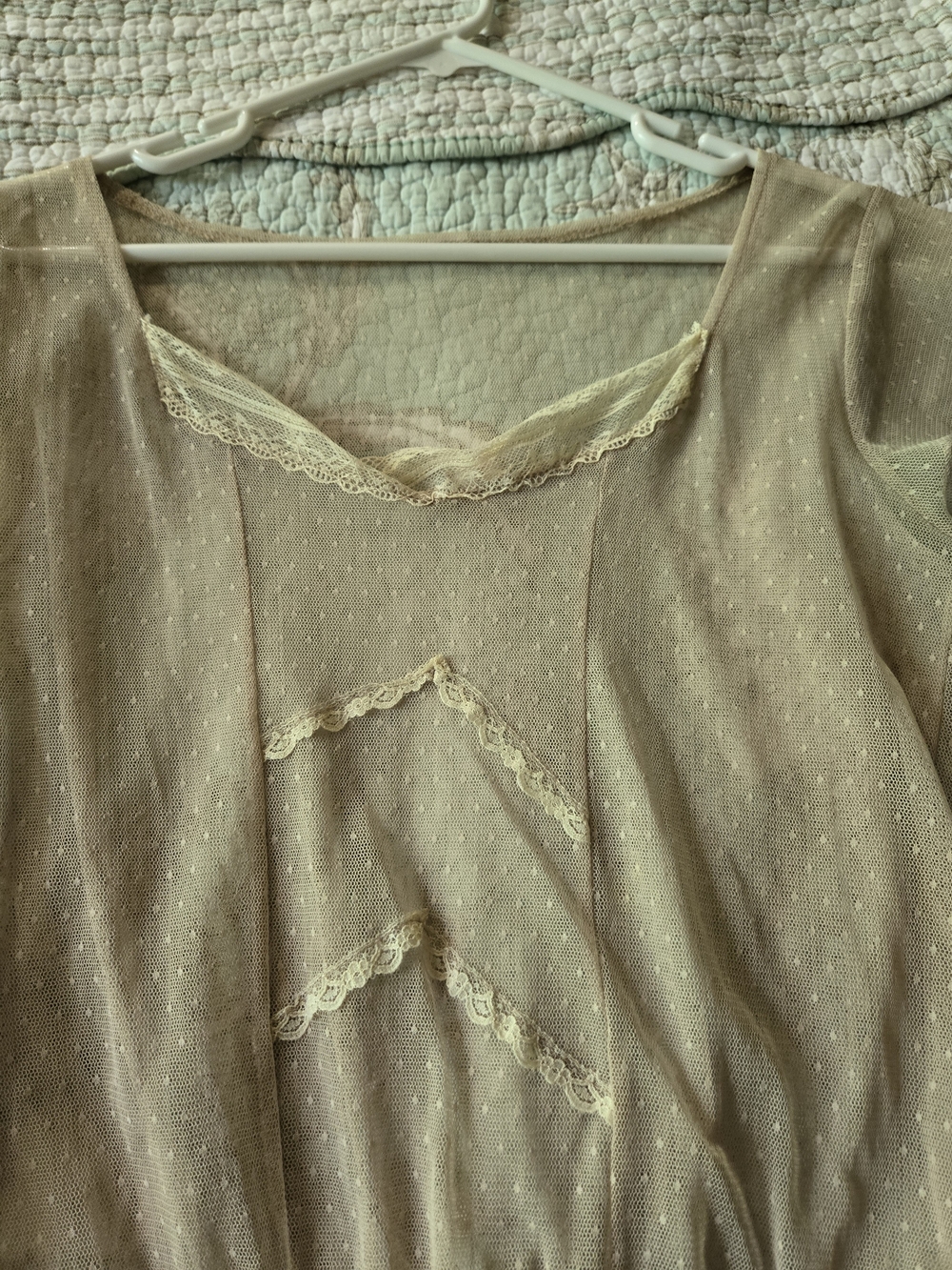 🍰 Sheer Taupe Lace-Trim Cap Sleeve Top M/L - Picture 4 of 11